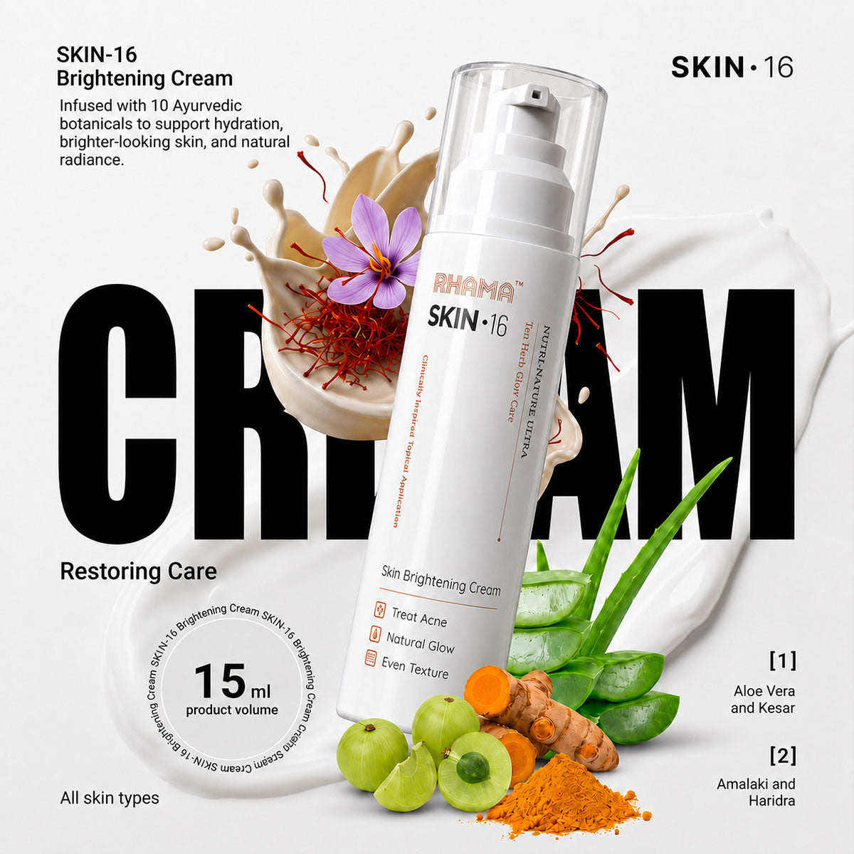 RHAMA Skin.16 Cream | Helps Dark Spots, Acne Marks & Pigmentation Removal | Glass Skin Glow | 15ml