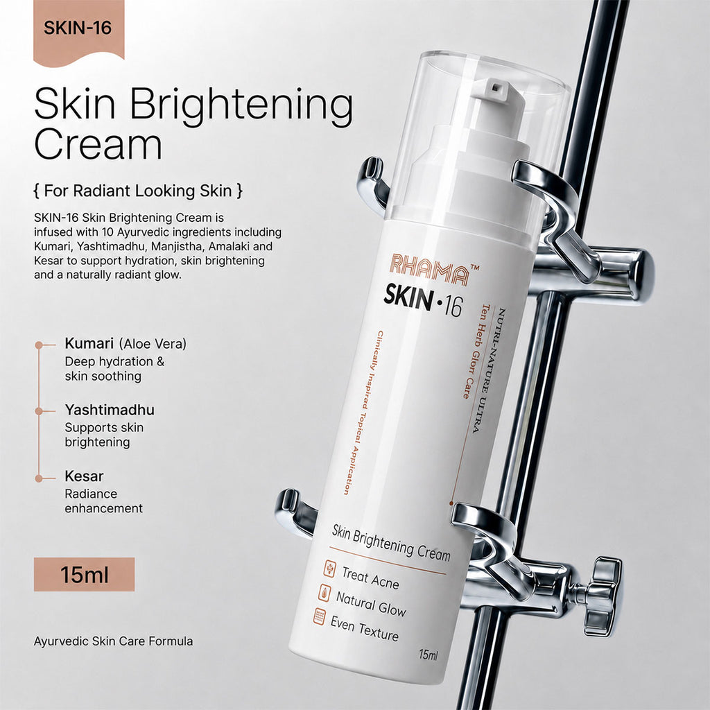 A 15ml bottle of Rhama Skin +16 Skin Brightening Cream is shown hanging from a chrome stand against a light gray background. The bottle is white with black and orange text.