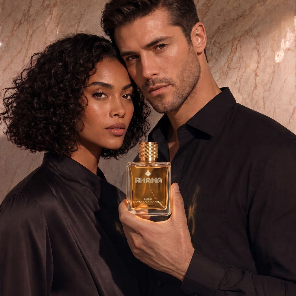 Couple holding a RHAMA Bold Lavender Vanille 50 ml perfume bottle