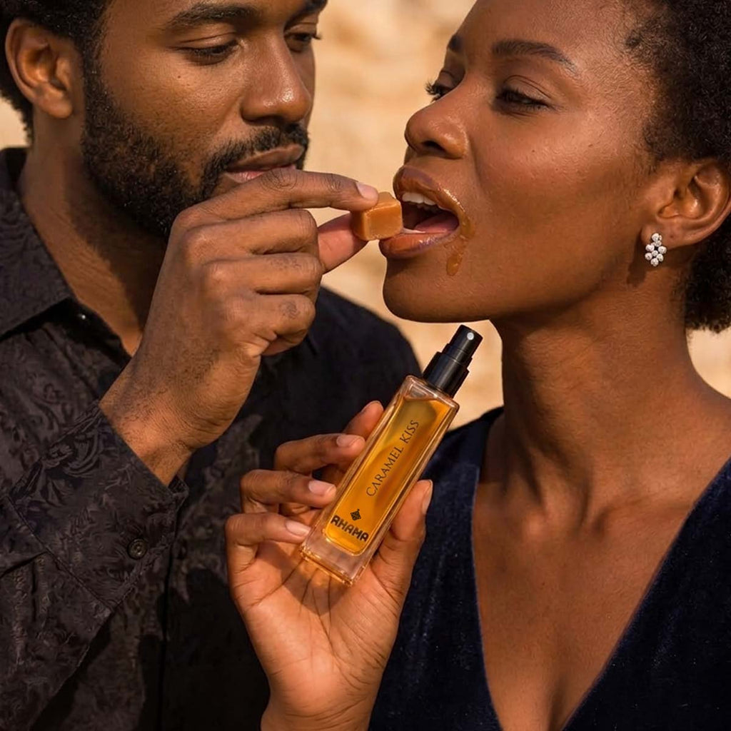 Rhama Caramel Kiss 8ml perfume bottle shown in a lifestyle scene