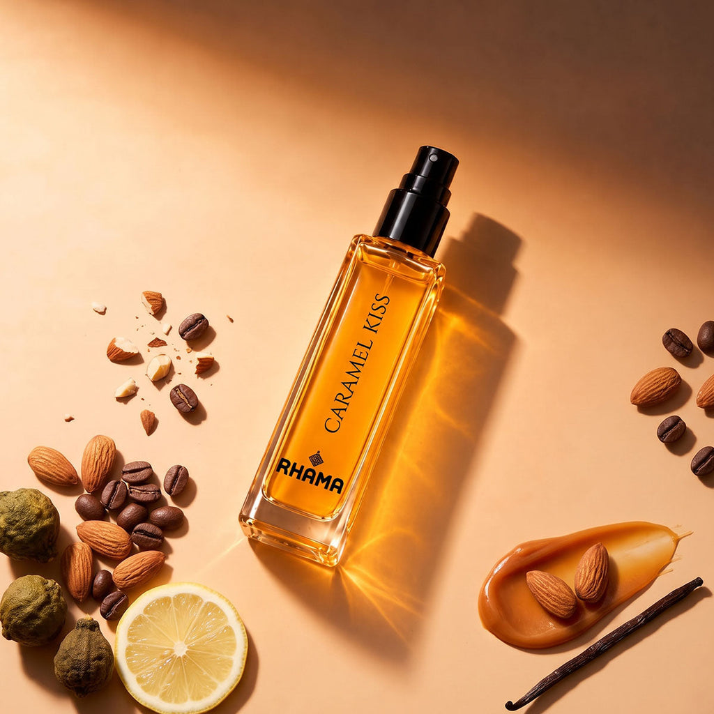 Rhama Caramel Kiss 8ml perfume bottle viewed from above with fragrance styling