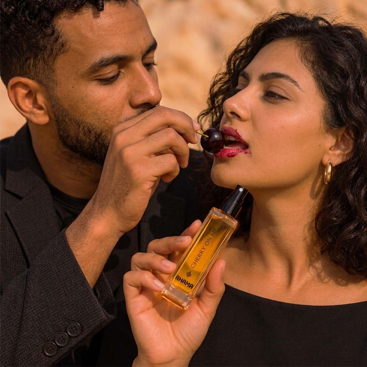 Rhama Cherry on Me 8ml perfume bottle shown in a lifestyle scene
