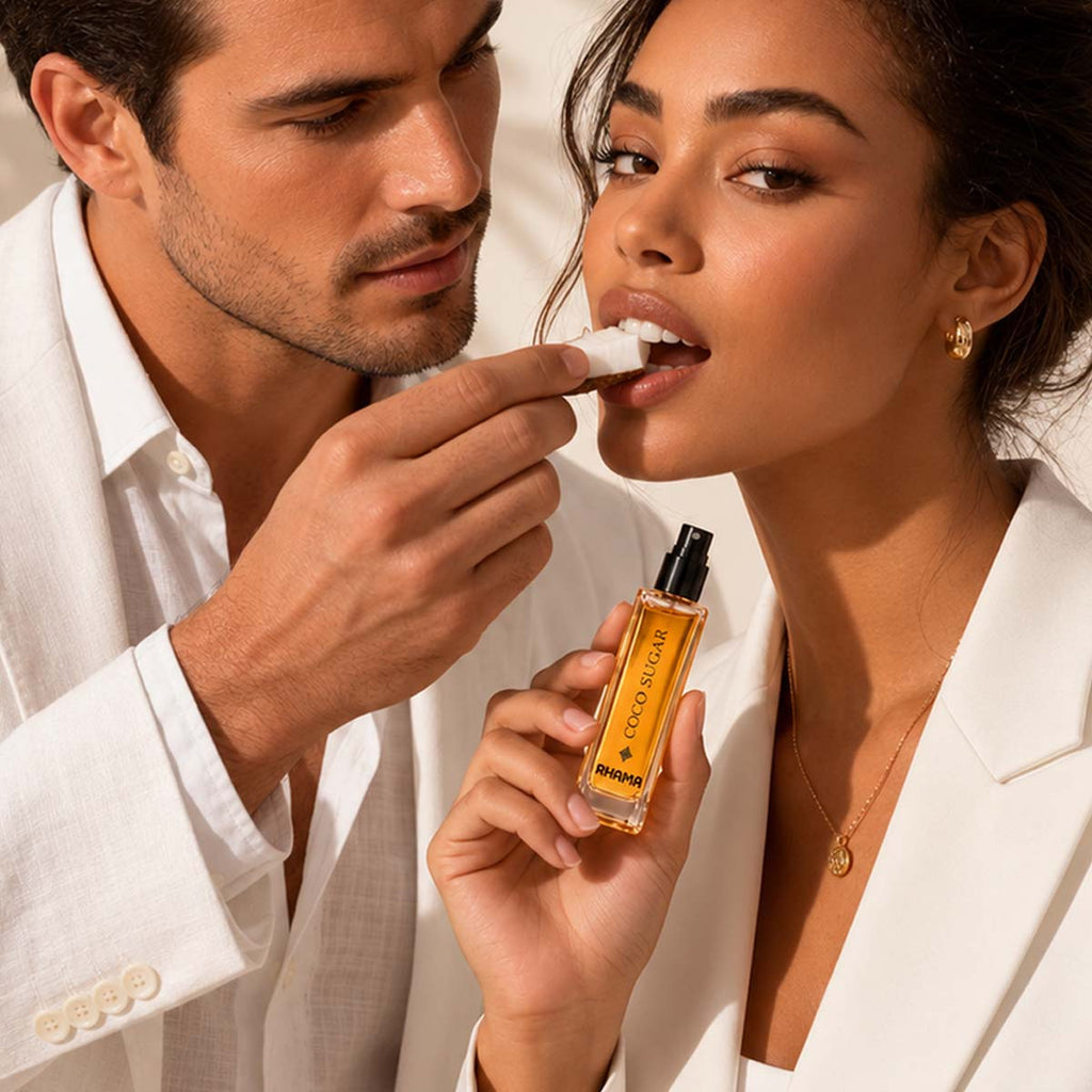 Rhama Coco Sugar 8ml perfume bottle shown in a lifestyle scene