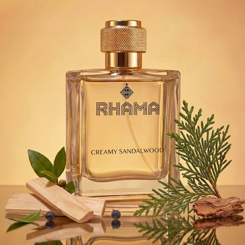 RHAMA Creamy Sandalwood 50 ml perfume bottle with fragrance ingredients