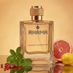 RHAMA Ginger Cedarwood 50 ml perfume bottle with fragrance ingredients
