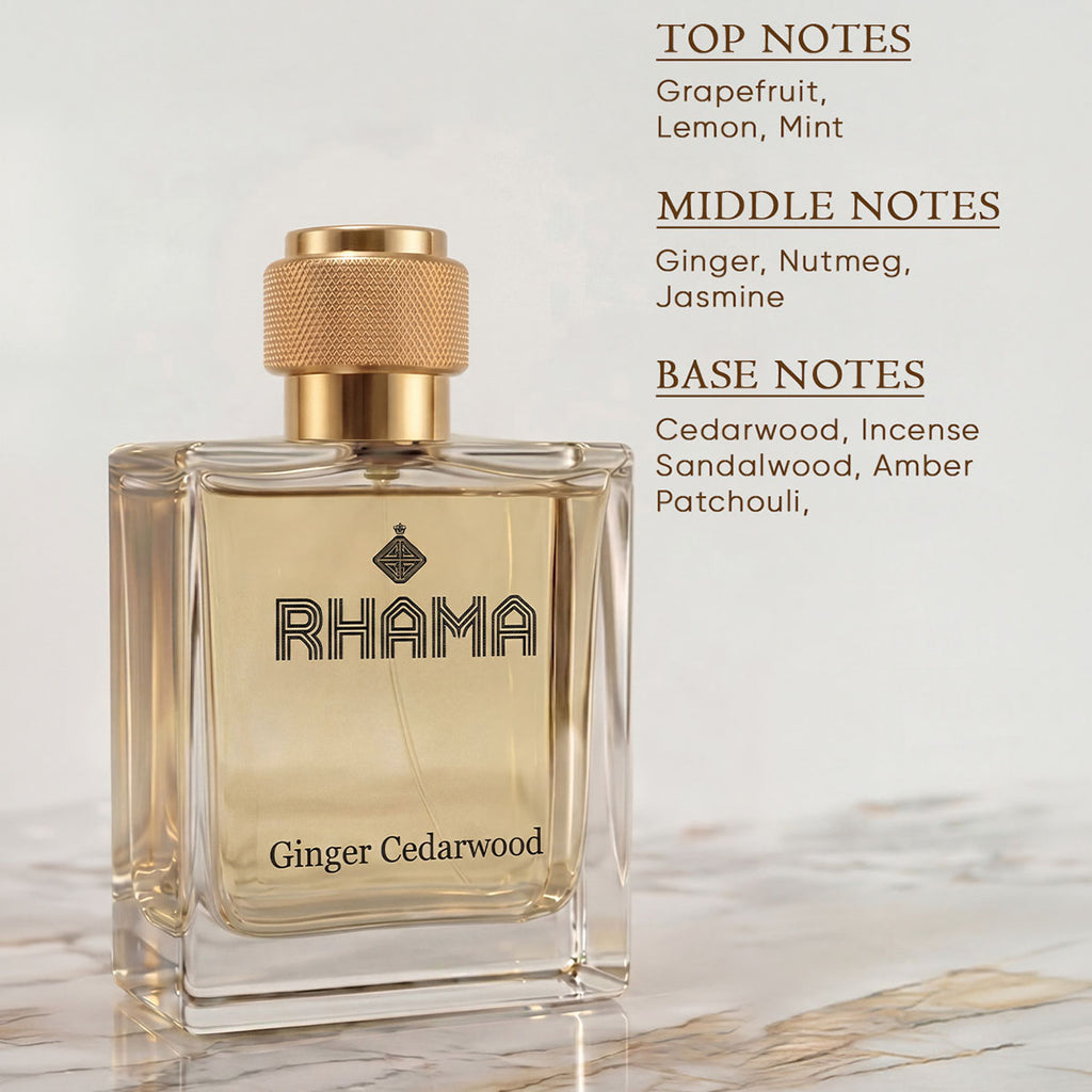 RHAMA Ginger Cedarwood 50 ml perfume top, middle and base notes