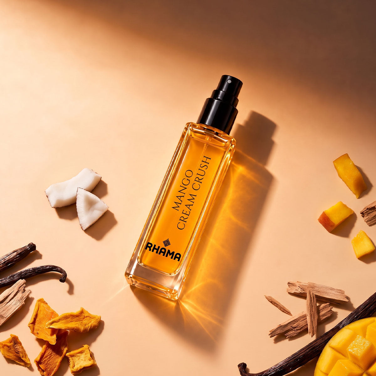 Rhama Mango Cream Crush 8ml perfume bottle viewed from above with fragrance styling
