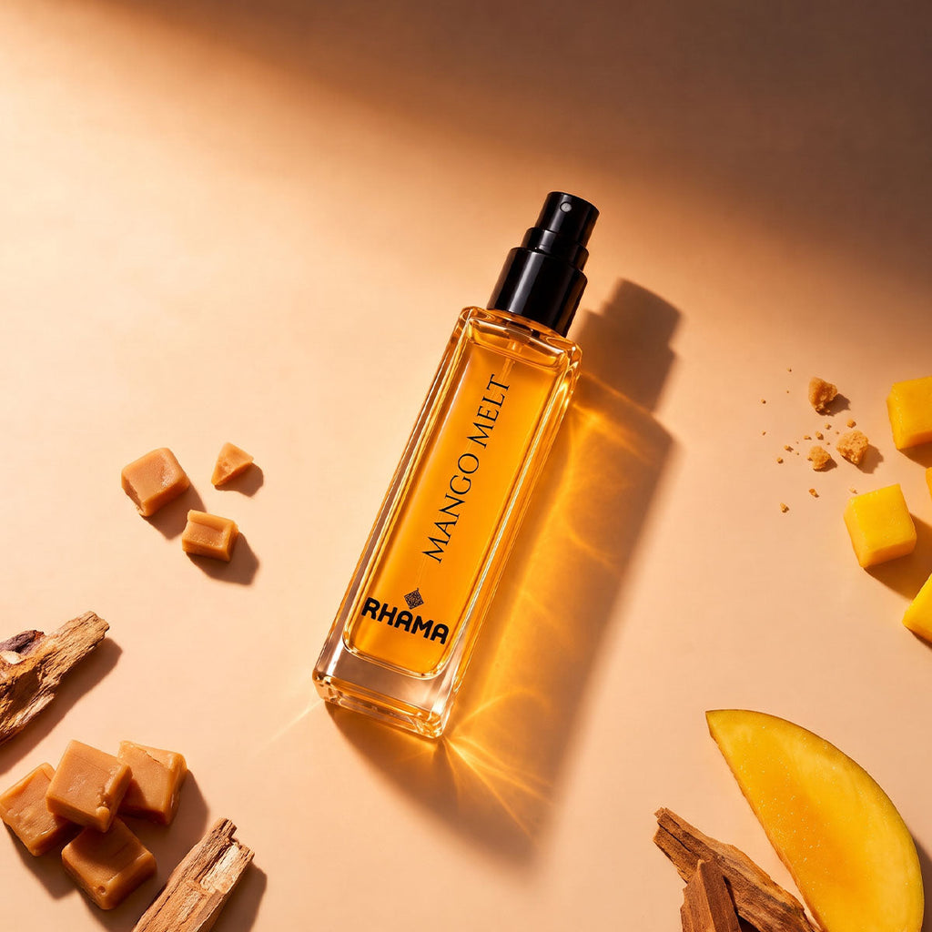 Rhama Mango Melt 8ml perfume bottle viewed from above with fragrance styling