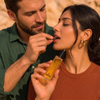 Rhama Midnight Mocha 8ml perfume bottle shown in a lifestyle scene