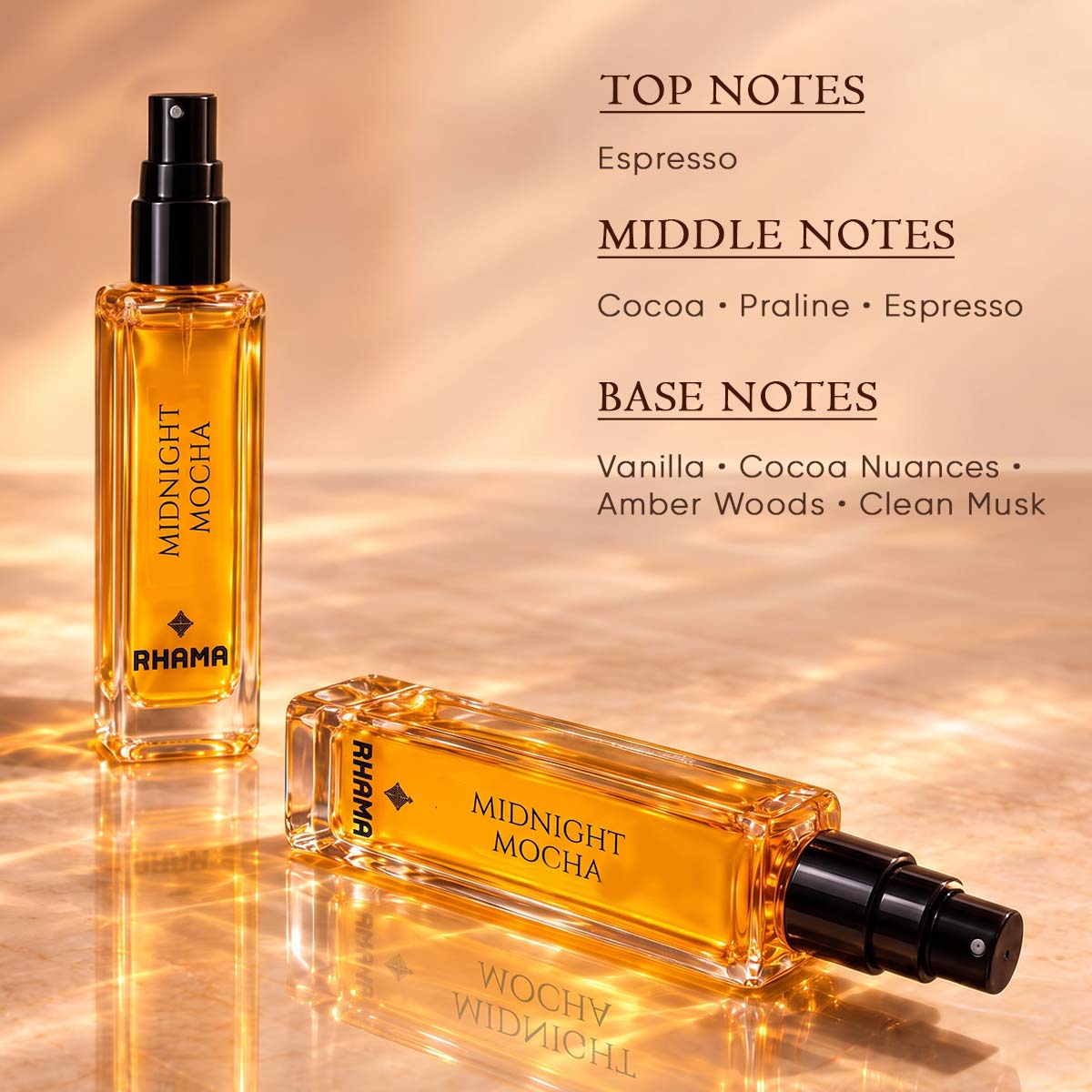 Rhama Midnight Mocha 8ml perfume top, middle and base fragrance notes
