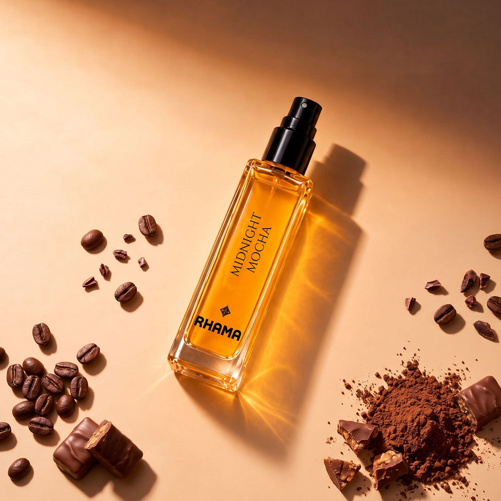 Rhama Midnight Mocha 8ml perfume bottle viewed from above with fragrance styling