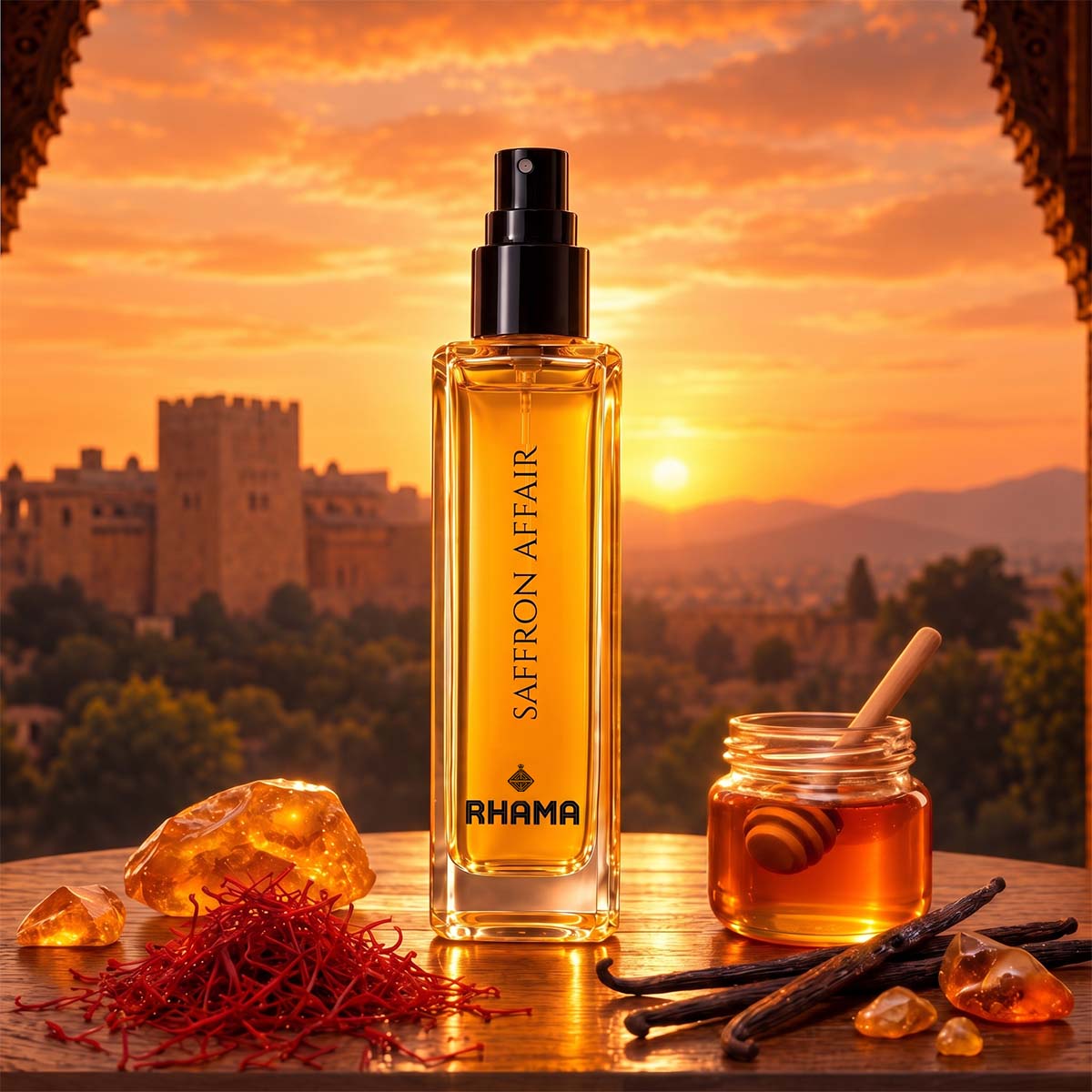 Rhama Saffron Affair 8ml perfume front bottle view