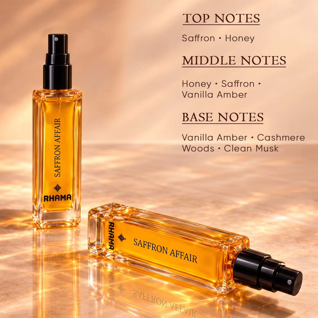 Rhama Saffron Affair 8ml perfume top, middle and base fragrance notes
