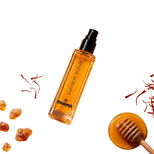 Rhama signature perfume bottle floating with dynamic elements, representing modern Indian luxury fragrances.