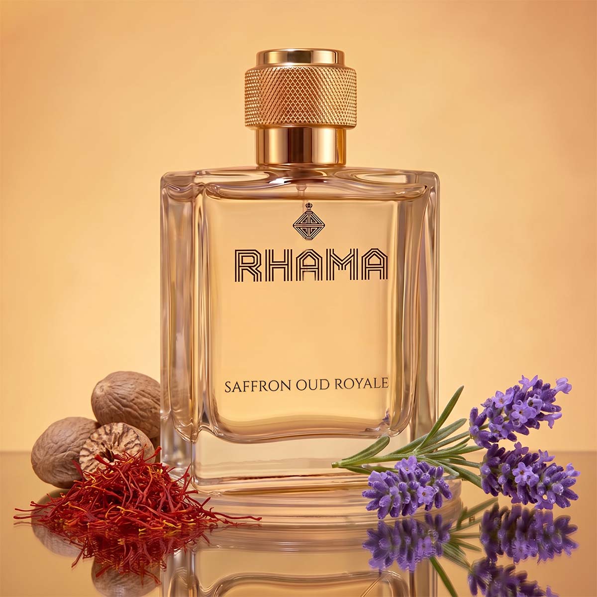 RHAMA Saffron Oud Royale 50 ml perfume bottle with fragrance ingredients