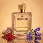 RHAMA Saffron Oud Royale 50 ml perfume bottle with fragrance ingredients