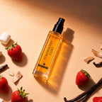 Rhama Strawberry Flirt 8ml perfume bottle viewed from above with fragrance styling